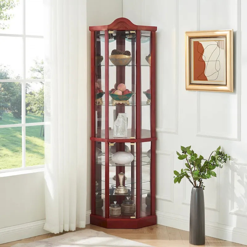 Beleuchtete Glasvitrine für die Ecke mit Lichtleiste, Weinschrank mit verstellbaren Glasböden und geschnitzten Verzierungen