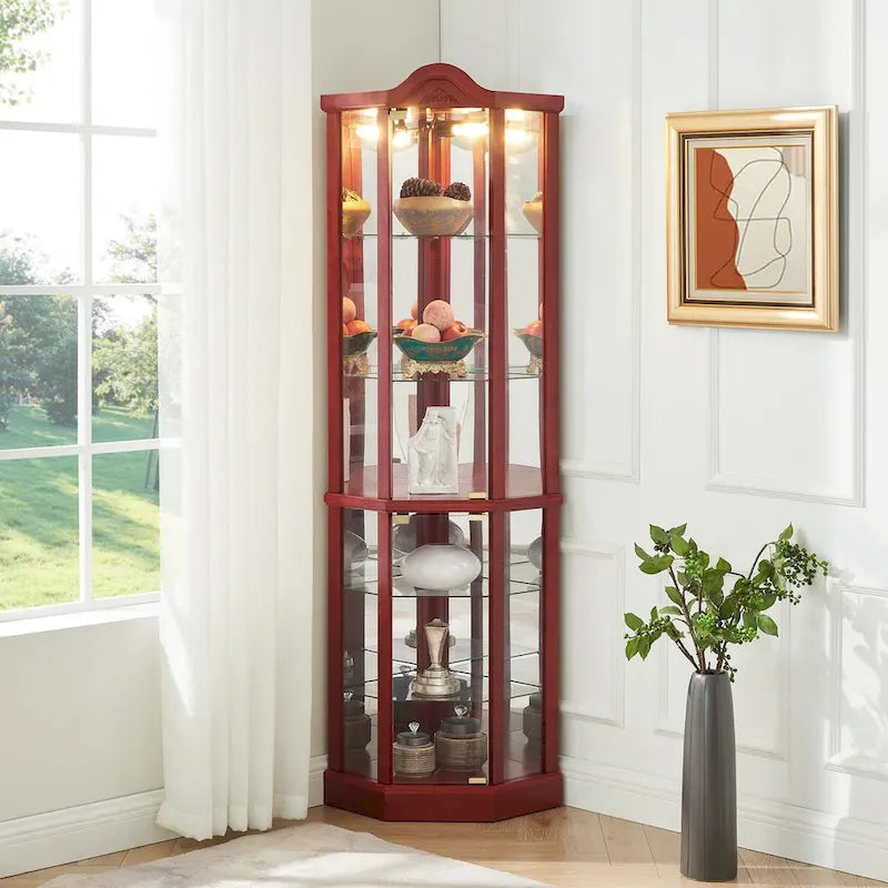 Vitrine d’angle éclairée avec porte vitrée, meuble avec barre lumineuse, meuble à vin avec étagères en verre réglables et décor sculpté
