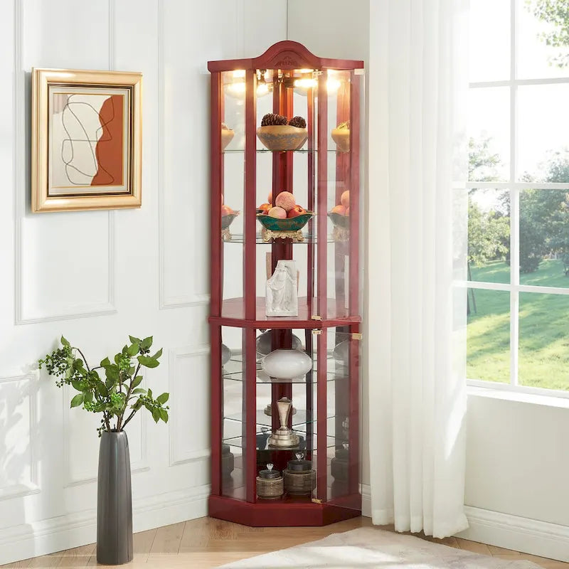 Vitrine d’angle éclairée avec porte vitrée, meuble avec barre lumineuse, meuble à vin avec étagères en verre réglables et décor sculpté