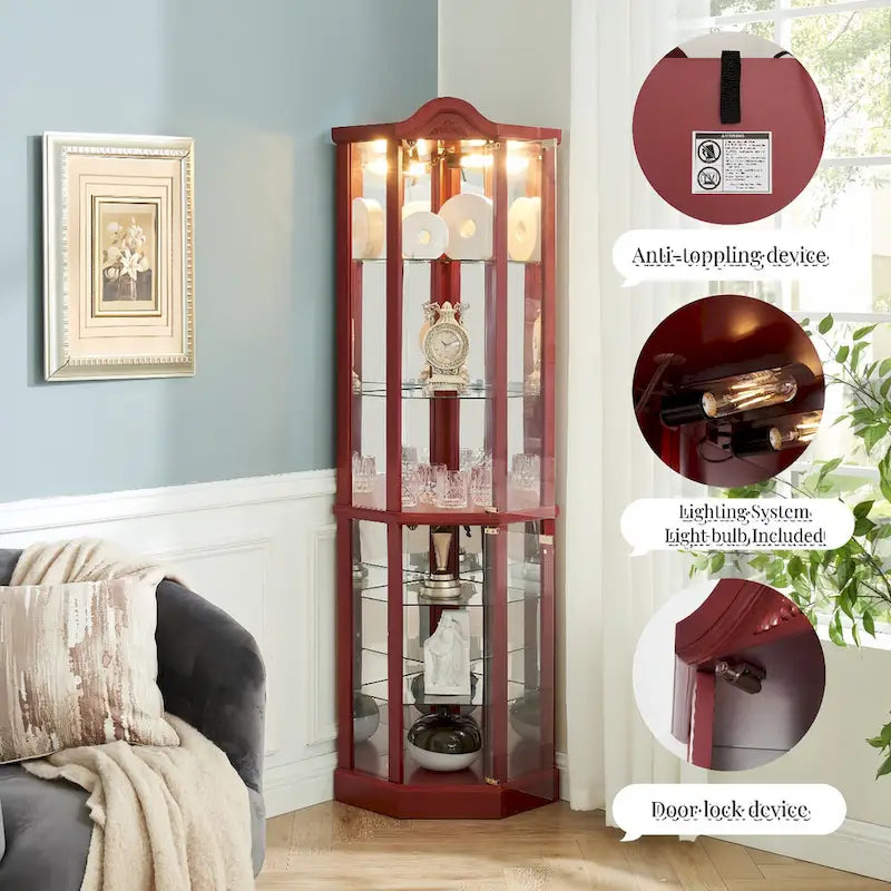 Vitrine d’angle éclairée avec porte vitrée, meuble avec barre lumineuse, meuble à vin avec étagères en verre réglables et décor sculpté