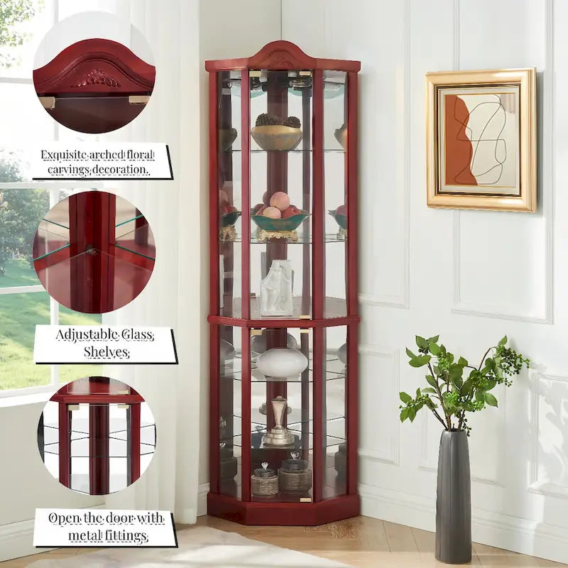 Vitrine d’angle éclairée avec porte vitrée, meuble avec barre lumineuse, meuble à vin avec étagères en verre réglables et décor sculpté