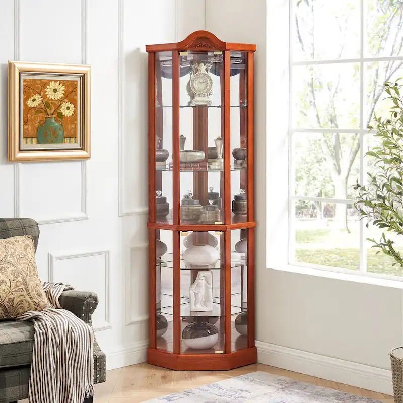 Vitrine d’angle éclairée avec porte vitrée, meuble avec barre lumineuse, meuble à vin avec étagères en verre réglables et décor sculpté