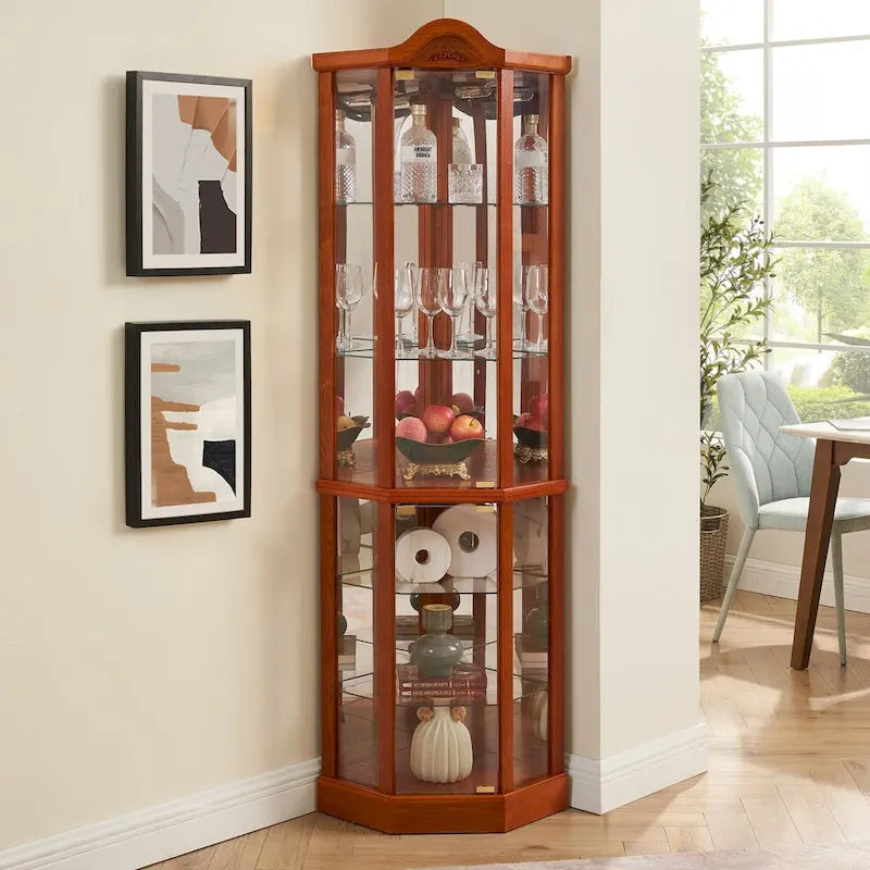 Vitrine d’angle éclairée avec porte vitrée, meuble avec barre lumineuse, meuble à vin avec étagères en verre réglables et décor sculpté