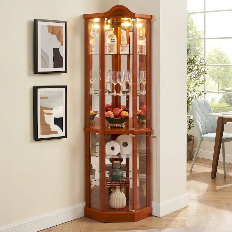 Vitrine d’angle éclairée avec porte vitrée, meuble avec barre lumineuse, meuble à vin avec étagères en verre réglables et décor sculpté