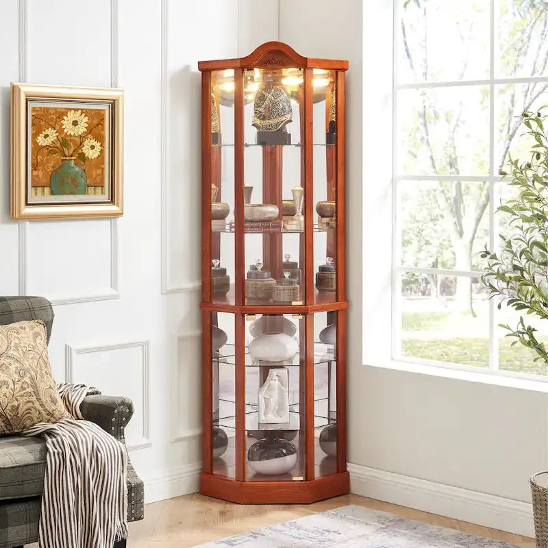 Vitrine d’angle éclairée avec porte vitrée, meuble avec barre lumineuse, meuble à vin avec étagères en verre réglables et décor sculpté