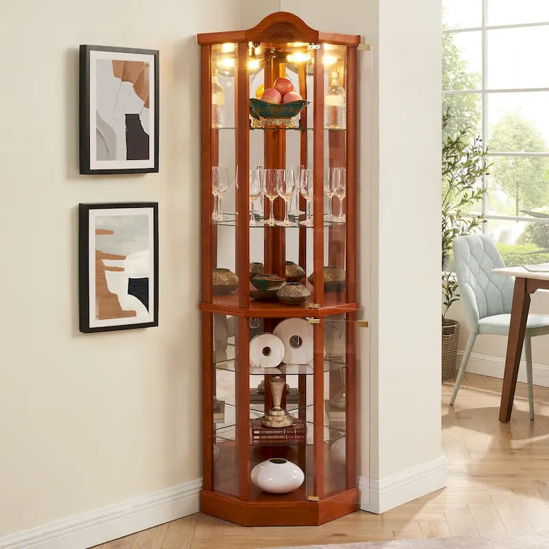 Vitrine d’angle éclairée avec porte vitrée, meuble avec barre lumineuse, meuble à vin avec étagères en verre réglables et décor sculpté
