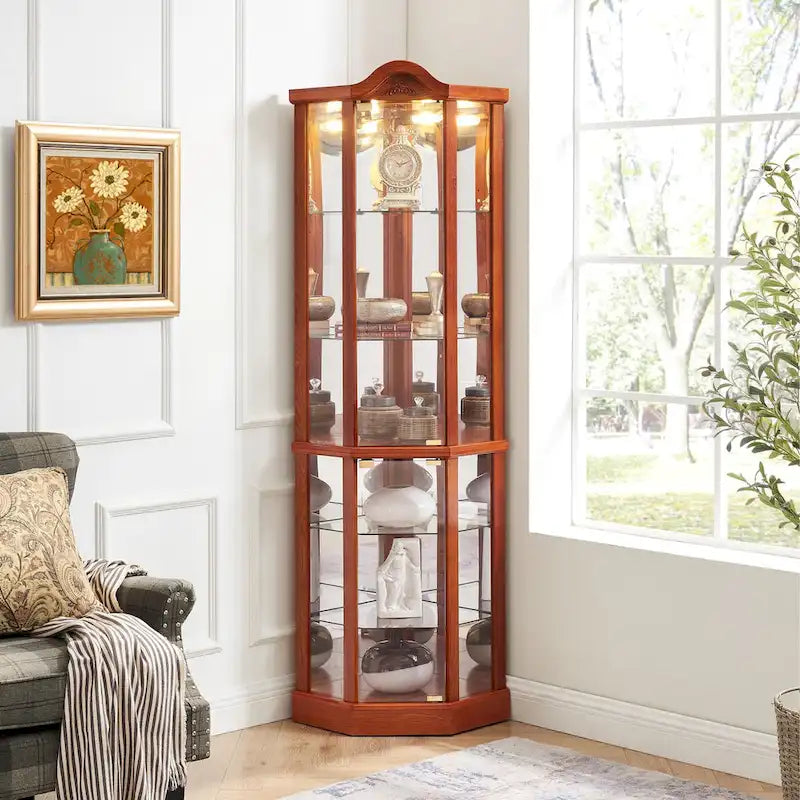 Vitrine d’angle éclairée avec porte vitrée, meuble avec barre lumineuse, meuble à vin avec étagères en verre réglables et décor sculpté