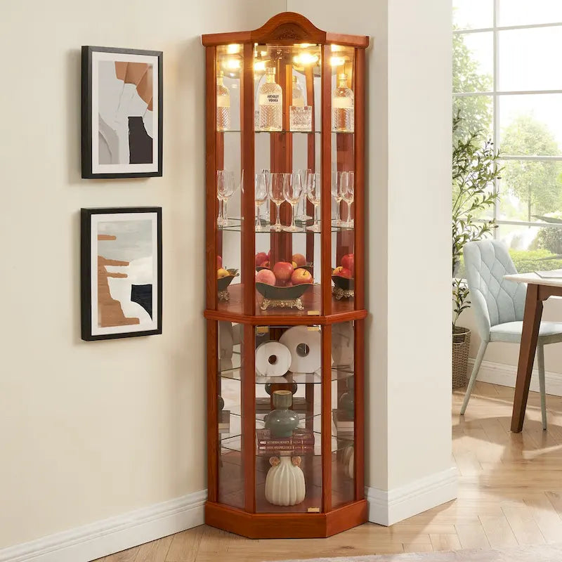 Vitrine d’angle éclairée avec porte vitrée, meuble avec barre lumineuse, meuble à vin avec étagères en verre réglables et décor sculpté