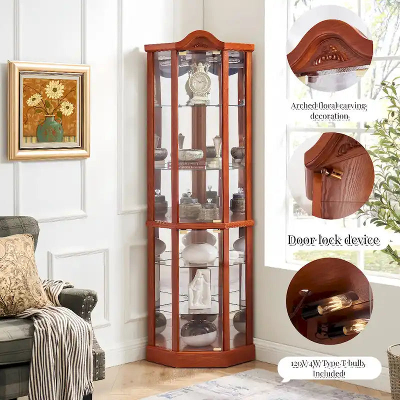 Vitrine d’angle éclairée avec porte vitrée, meuble avec barre lumineuse, meuble à vin avec étagères en verre réglables et décor sculpté