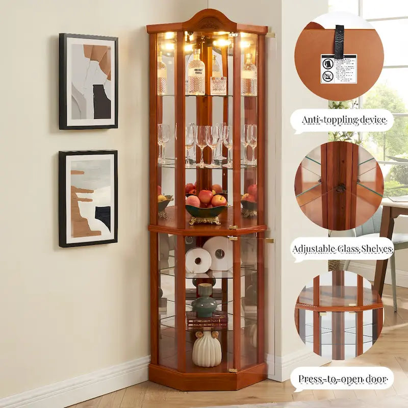 Vitrine d’angle éclairée avec porte vitrée, meuble avec barre lumineuse, meuble à vin avec étagères en verre réglables et décor sculpté