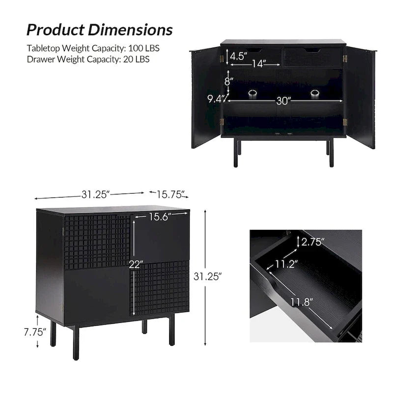 Aparador decorativo alto de 30 con 2 puertas y patas de metal