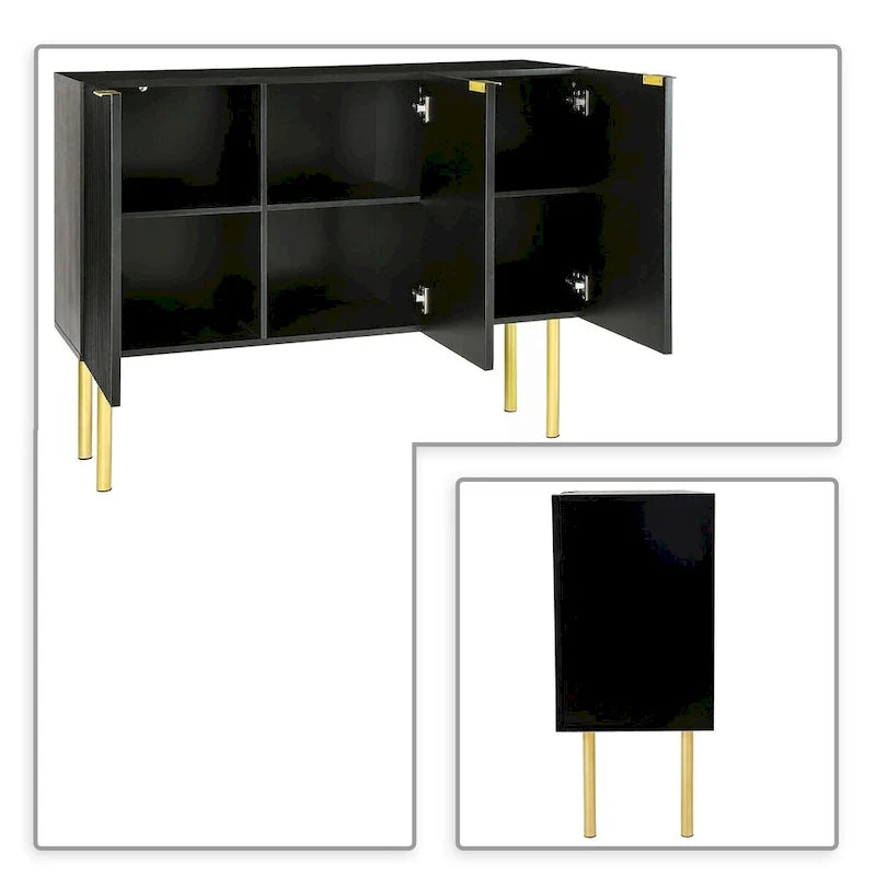 Aparador horizontal moderno y minimalista con patas y tiradores de metal dorado