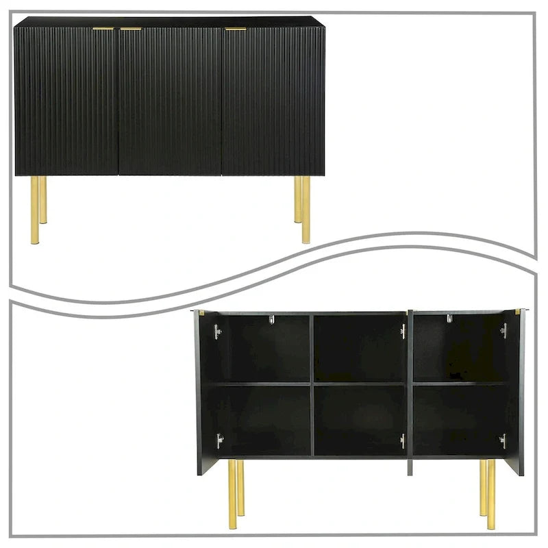 Aparador horizontal moderno y minimalista con patas y tiradores de metal dorado