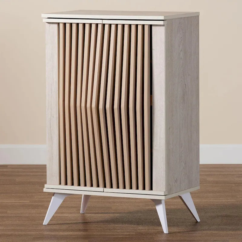 Armario de almacenamiento de transición moderno de madera marrón y gris claro con 2 puertas
