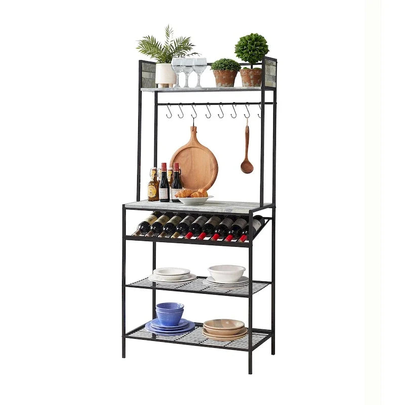 Étagère de boulanger avec rangements, porte-bouteilles et crochets - support pour micro-ondes pour cuisine ou salle à manger, noir/gris