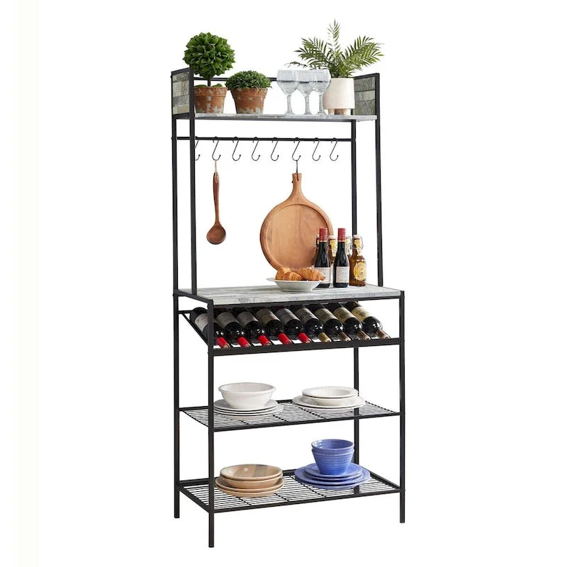 Bäckerregal mit Ablageflächen, Weinregal und Haken - Mikrowellenständer für Küche und Esszimmer, Schwarz/Grau