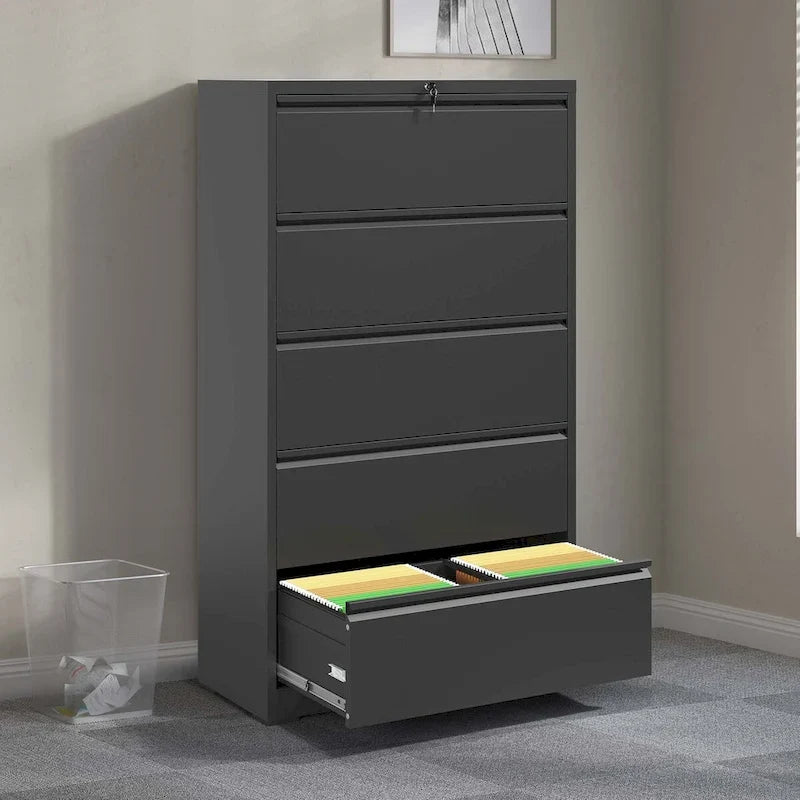Seitlicher Aktenschrank aus Metall mit 5 Schubladen, schwarzer Aktenschrank mit Schloss für das Homeoffice