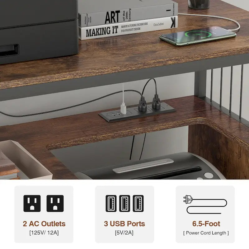 Soporte para impresora con estante de almacenamiento, archivadores laterales de oficina con toma de corriente y puerto de carga USB