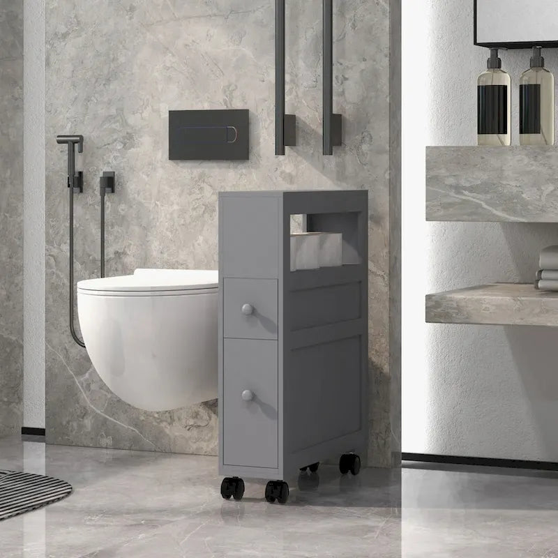 Armario lateral estrecho de madera con ruedas para almacenamiento en el baño
