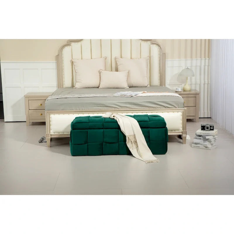 Pouf de rangement, banc de bout de lit, pouf de rangement rembourré en tissu avec charnière de sécurité, repose-pieds rembourré pour l'entrée