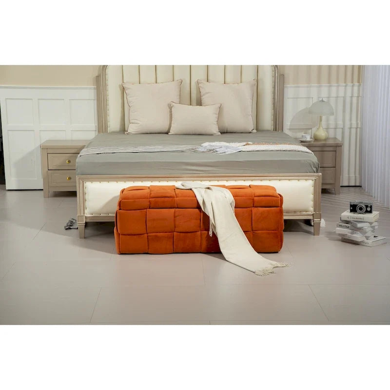 Pouf de rangement, banc de bout de lit, pouf de rangement rembourré en tissu avec charnière de sécurité, repose-pieds rembourré pour l'entrée