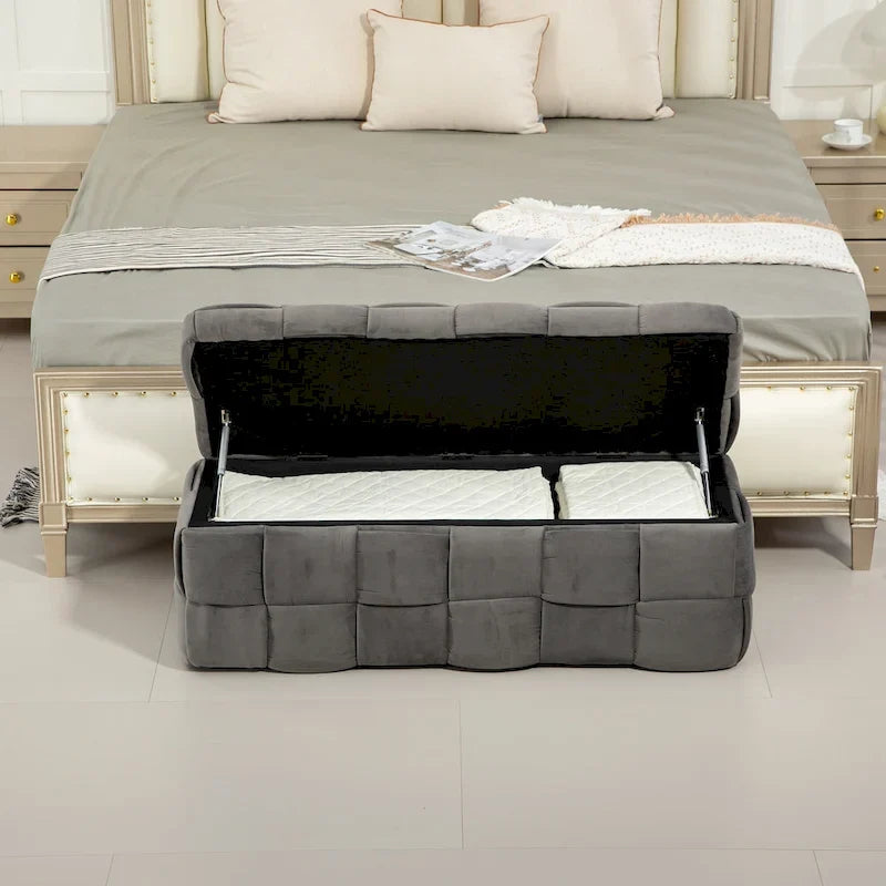 Pouf de rangement, banc de bout de lit, pouf de rangement rembourré en tissu avec charnière de sécurité, repose-pieds rembourré pour l'entrée