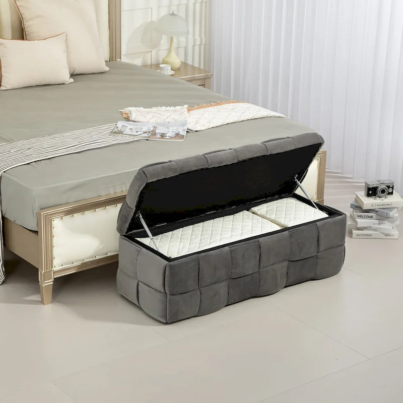 Sitzhocker mit Stauraum, Bettbank fürs Schlafzimmer, gepolsterter Stoffhocker mit Sicherheitsgelenk, gepolsterte Fußbank für den Eingangsbereich