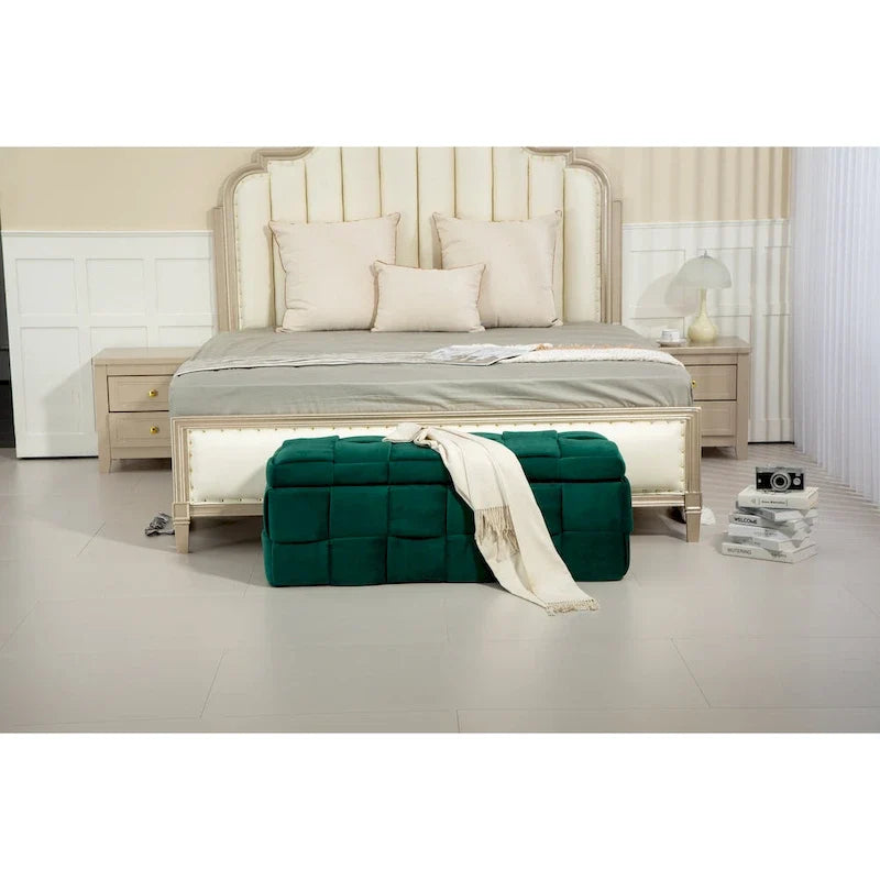 Sitzhocker mit Stauraum, Bettbank fürs Schlafzimmer, gepolsterter Stoffhocker mit Sicherheitsgelenk, gepolsterte Fußbank für den Eingangsbereich