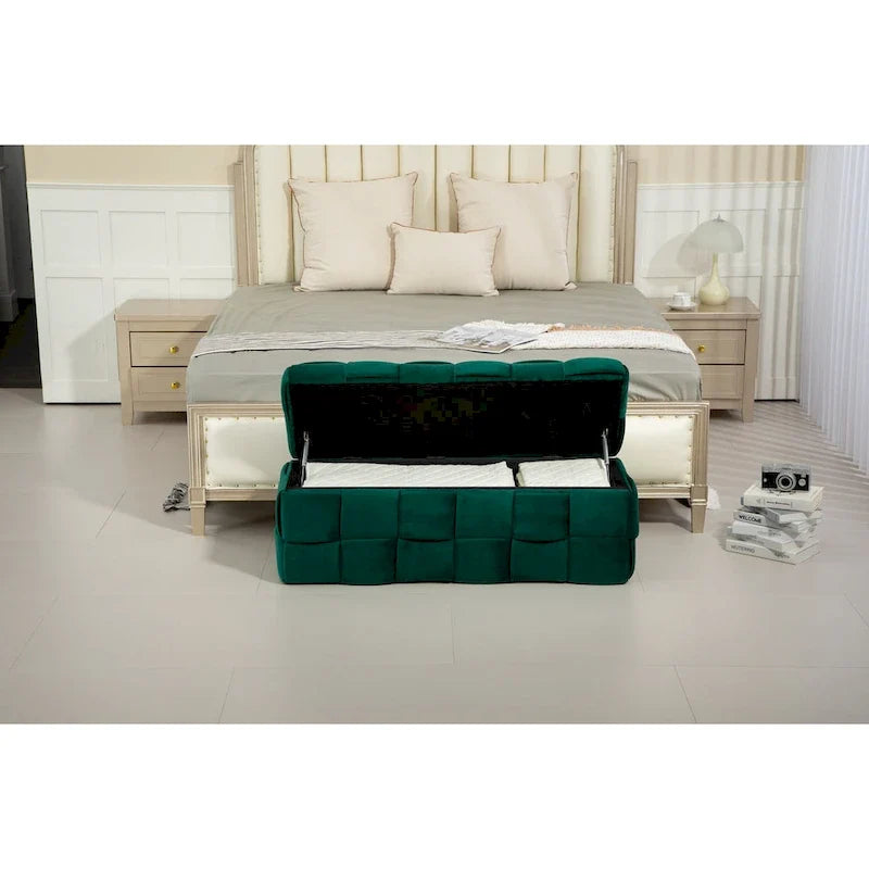 Sitzhocker mit Stauraum, Bettbank fürs Schlafzimmer, gepolsterter Stoffhocker mit Sicherheitsgelenk, gepolsterte Fußbank für den Eingangsbereich