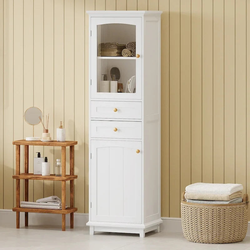 17.7 in. W x 14.2 in. Tiefe x 63 in. Höhe Wäscheschrank mit Glastür und zwei Schubladen