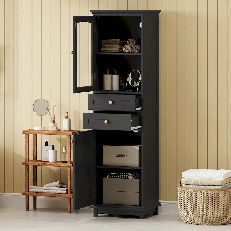 17.7 in. W x 14.2 in. Tiefe x 63 in. Höhe Wäscheschrank mit Glastür und zwei Schubladen