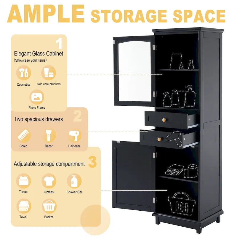 17.7 in. W x 14.2 in. Tiefe x 63 in. Höhe Wäscheschrank mit Glastür und zwei Schubladen