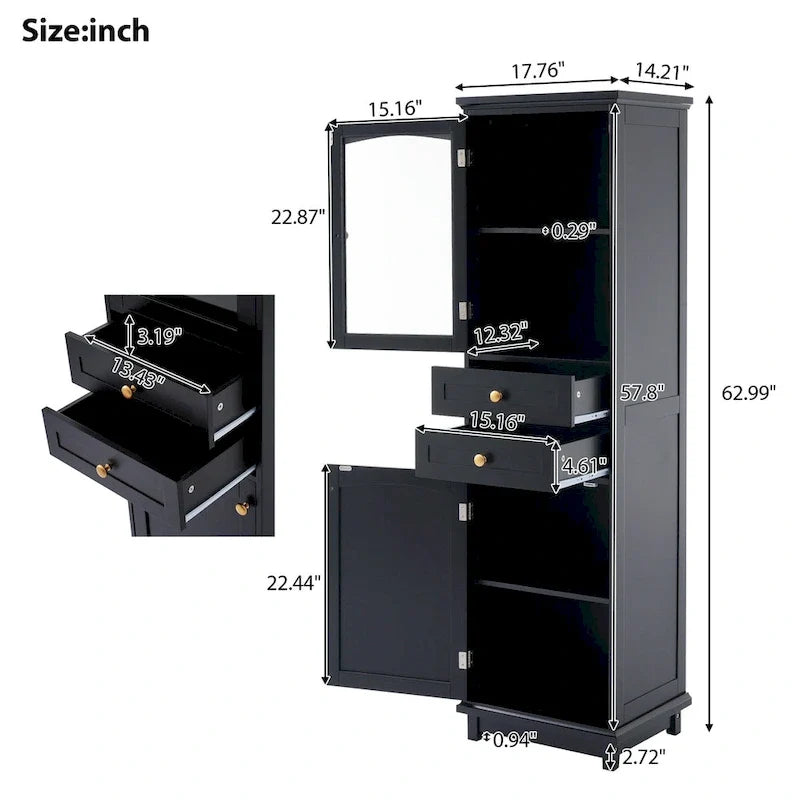 17.7 in. W x 14.2 in. Tiefe x 63 in. Höhe Wäscheschrank mit Glastür und zwei Schubladen