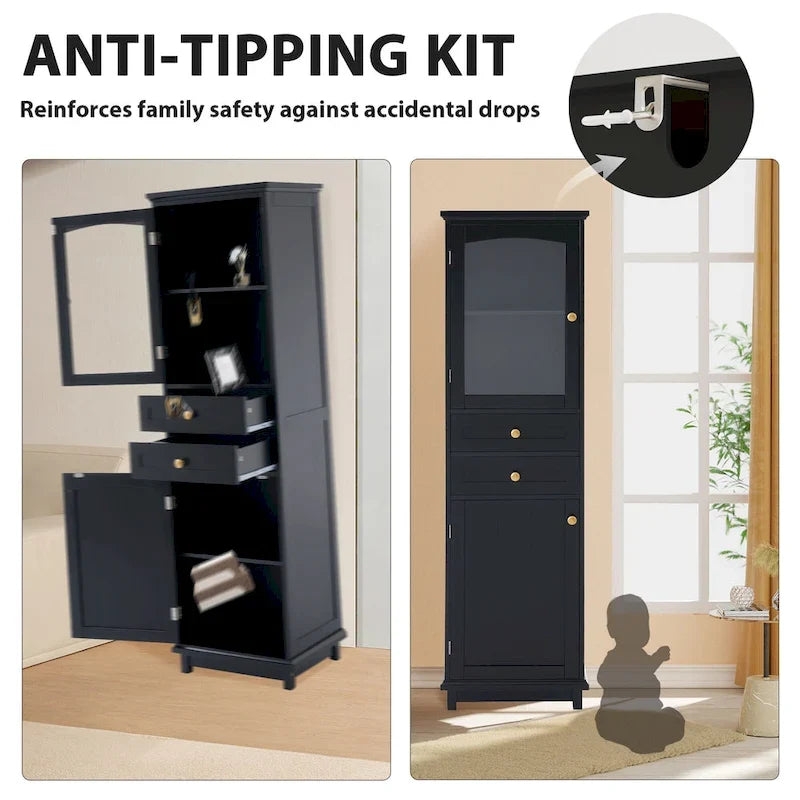 17.7 in. W x 14.2 in. Tiefe x 63 in. Höhe Wäscheschrank mit Glastür und zwei Schubladen