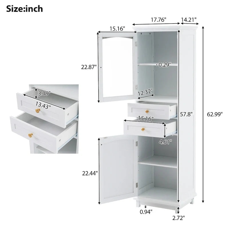 17.7 in. W x 14.2 in. Tiefe x 63 in. Höhe Wäscheschrank mit Glastür und zwei Schubladen