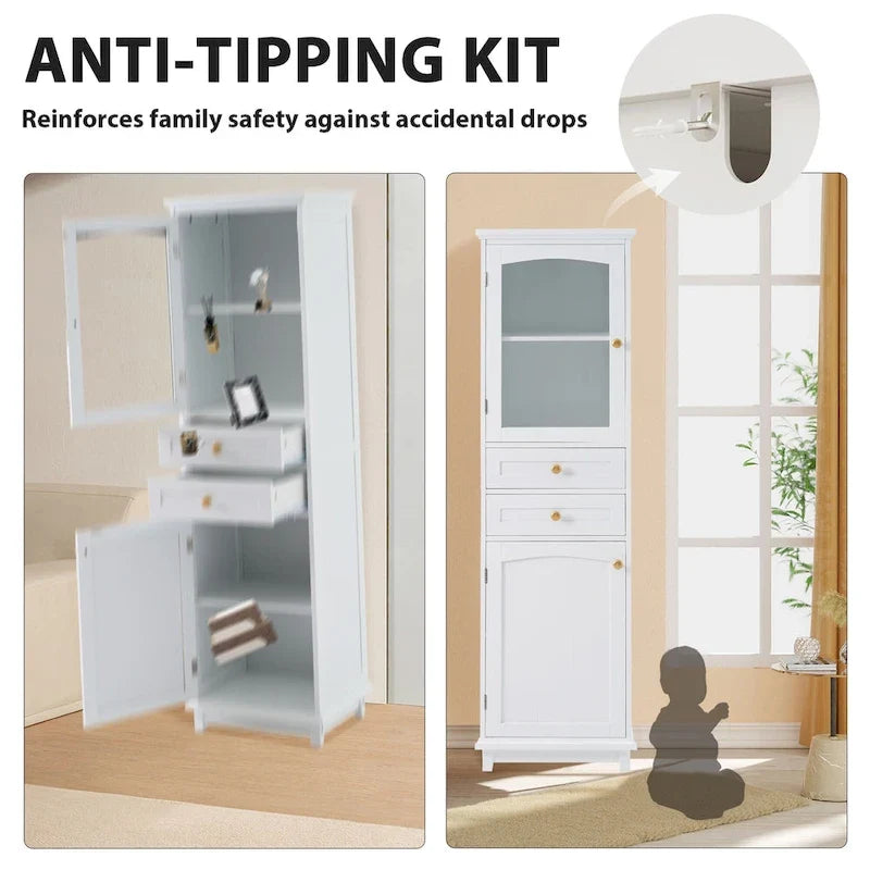 17.7 in. W x 14.2 in. Tiefe x 63 in. Höhe Wäscheschrank mit Glastür und zwei Schubladen