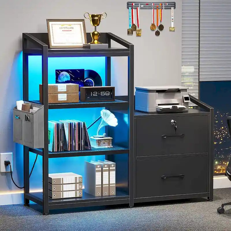 Aktenschrank mit 2 Schubladen, Steckdosenleiste, LED-Beleuchtung, Schloss und offenem Regal