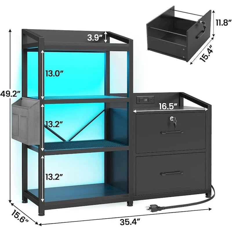 Aktenschrank mit 2 Schubladen, Steckdosenleiste, LED-Beleuchtung, Schloss und offenem Regal
