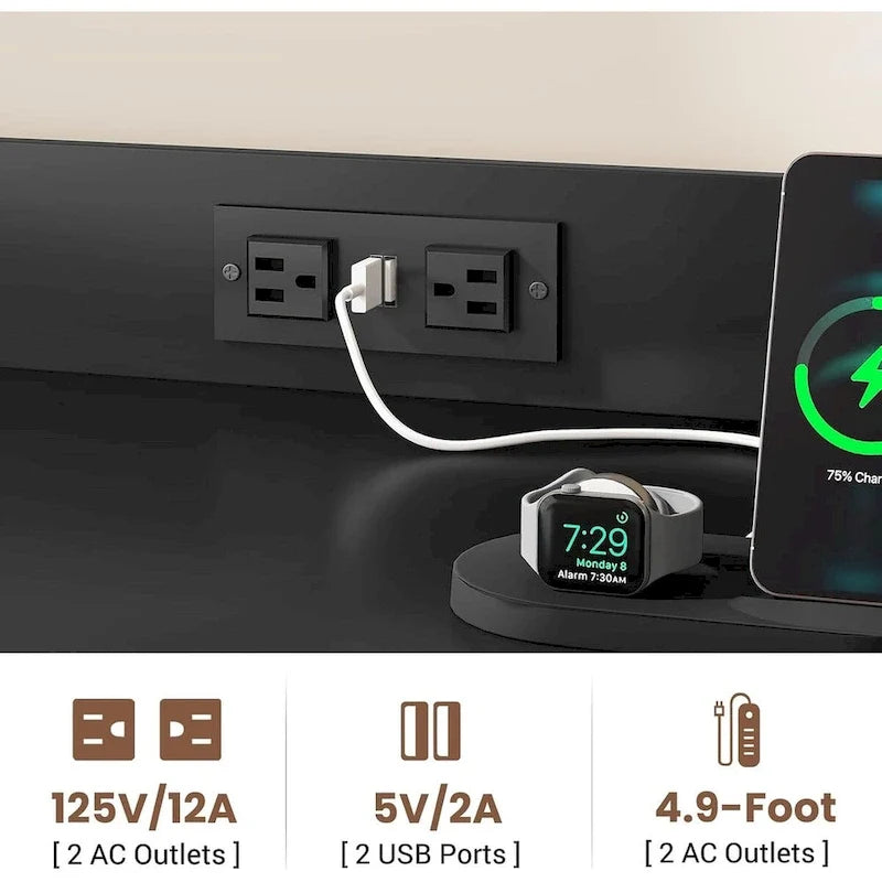 Caisson à dossiers avec 2 tiroirs, multiprise, éclairage LED, serrure et étagère ouverte